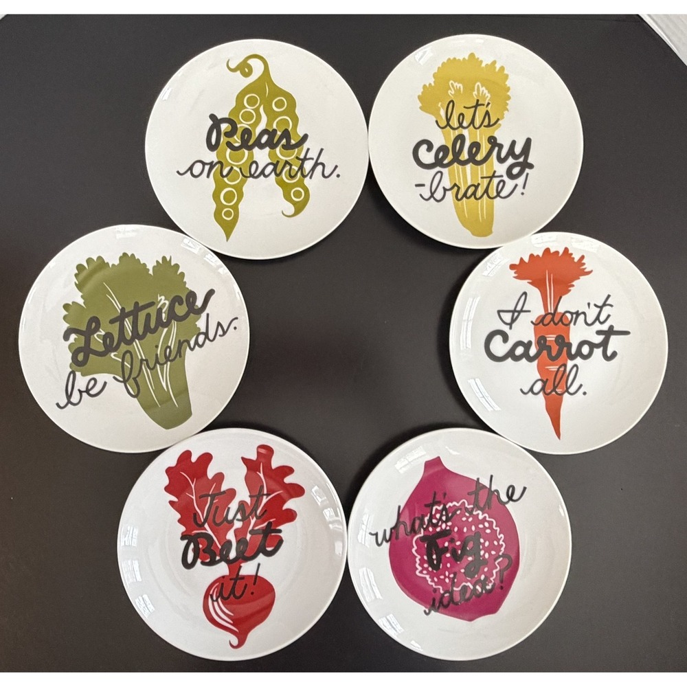 6x Crate & Barrel Series of Vegetable-Themed Appetizer Plates with Stylized Puns